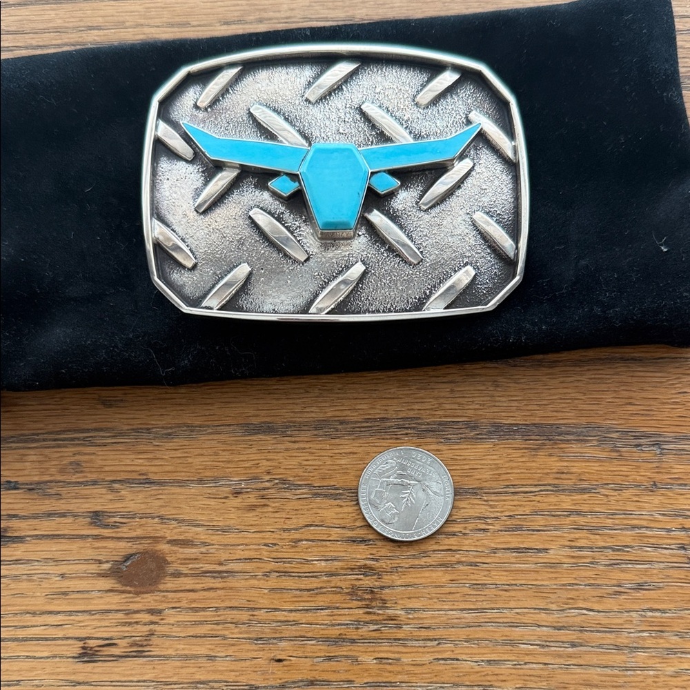 Douglas Magnus Sterling Silver and Turquoise Bull Belt Buckle - Picture 3 of 4